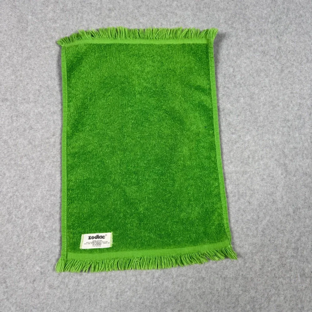 Vintage 70s Zodiac Green Christmas Tree Embroidered Cotton Hand Towel Fringe USA
